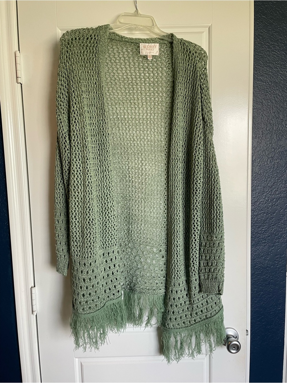Francesca's Collections Sage Green Open-Knit Fringe Cardigan